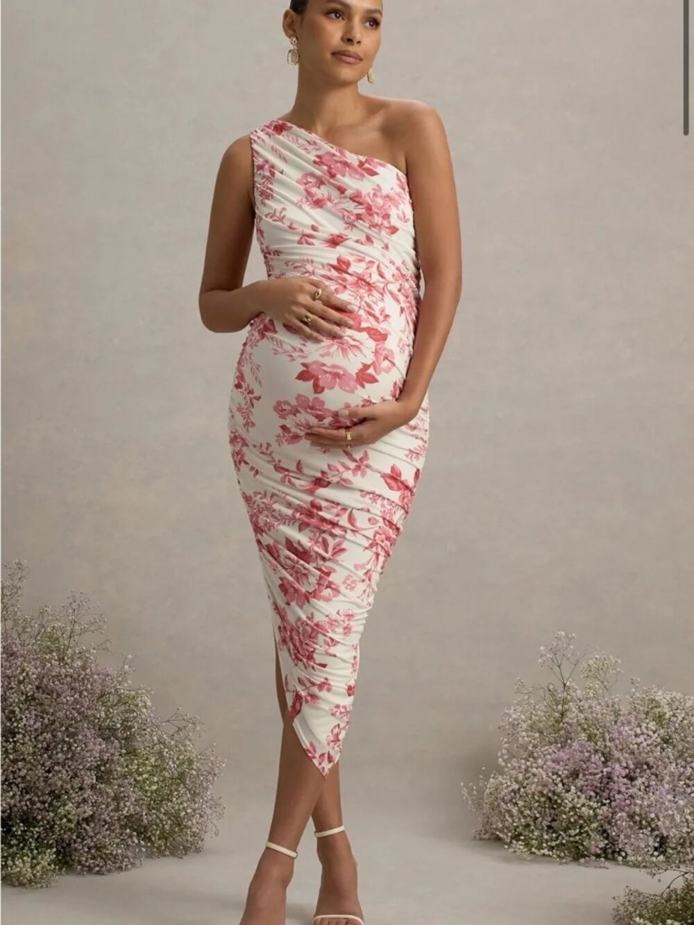 CLUB L LONDON Late Night Dress Womens 10 Pink Floral Maternity One Shoulder